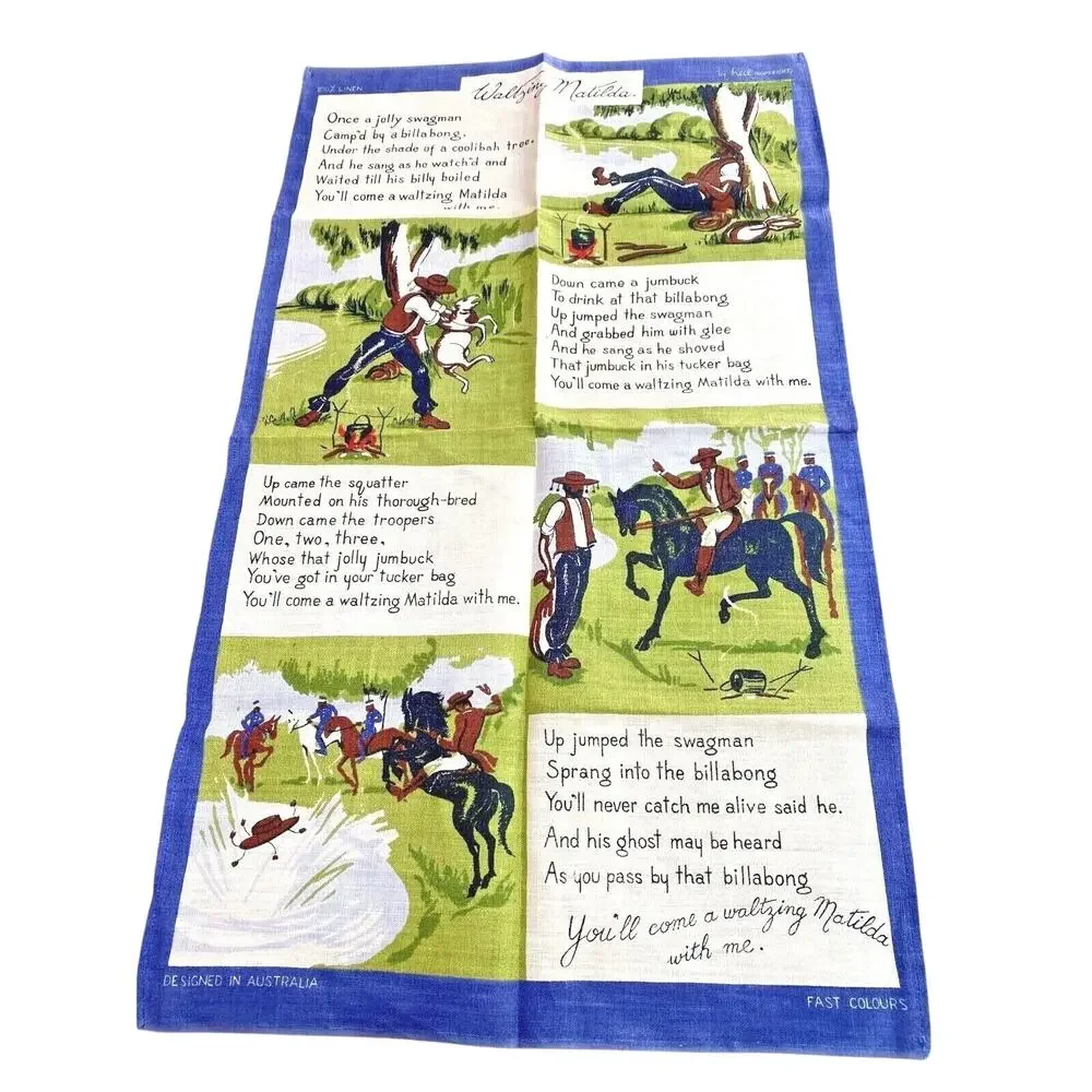 Vintage 100% linen kitchen tea towel Australia souvenir Waltzing Matilda lyrics